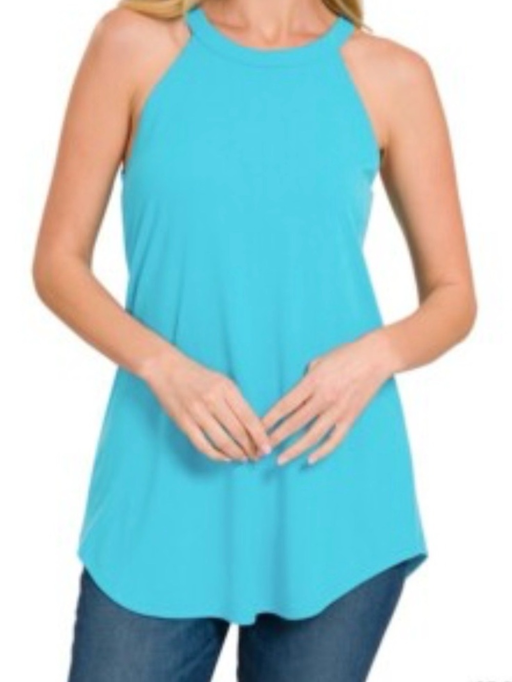 Women's High Neck Relaxed Tank Top in Aqua